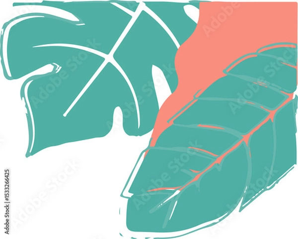 Obraz Showing vector illustration with monstera and banana leaves, coral accent on transparent background