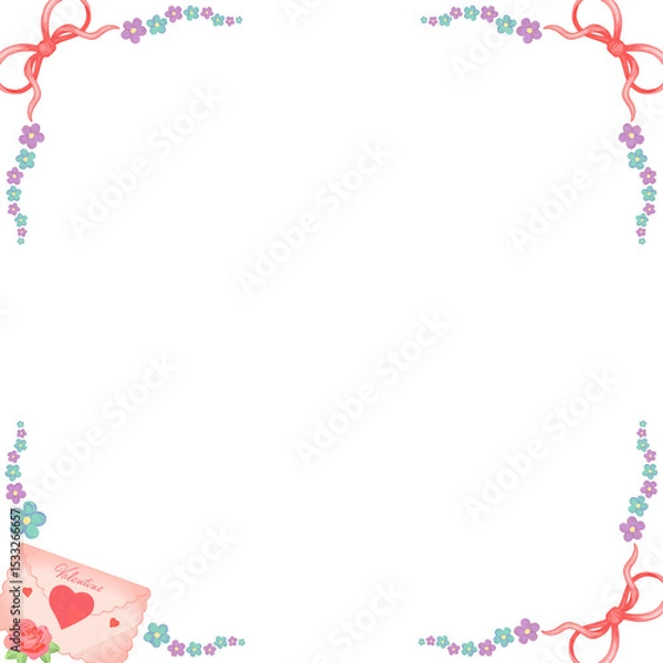 Obraz Showing flat Valentine pastel floral border with pink bows, envelope, clear background, copy space