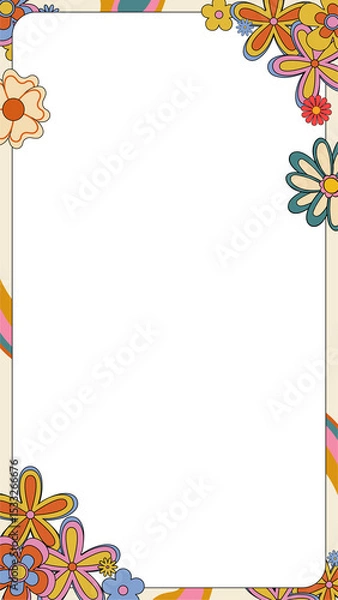 Obraz flat retro floral border frame is showcasing 70s vintage pastel stripes on transparent background