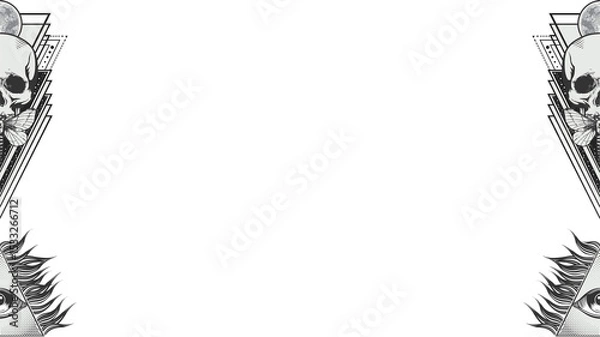 Fototapeta Vector is showing skull, moth and eye pyramid radiating rays on sides clear background, copy space