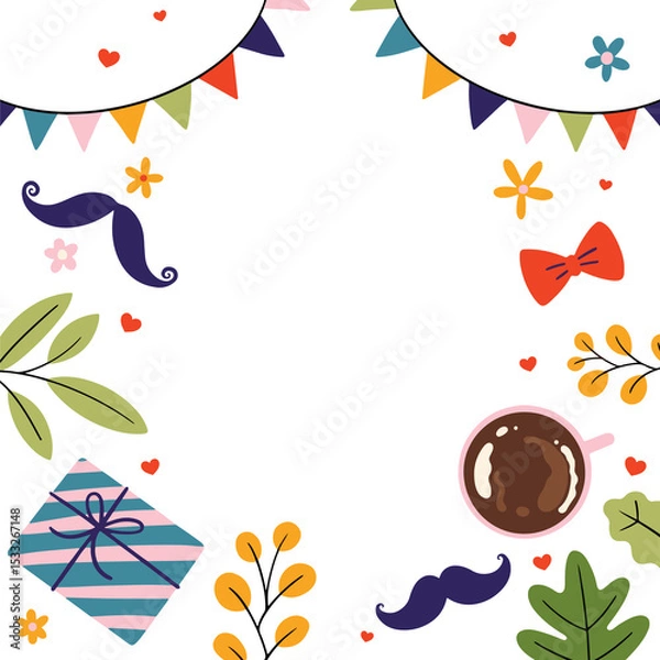 Fototapeta decorating transparent flat-frame with party doodles like flags hearts flowers gift box and coffee