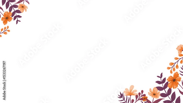 Fototapeta Flat border showing orange blossoms, magenta leaves, berry clusters on transparent area, copy space