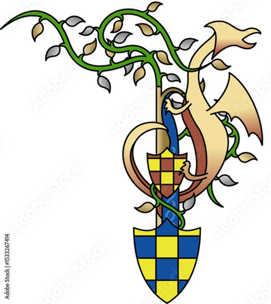 Obraz Heraldic dragon is coiling around staff gripping shields entwining vine on transparent background