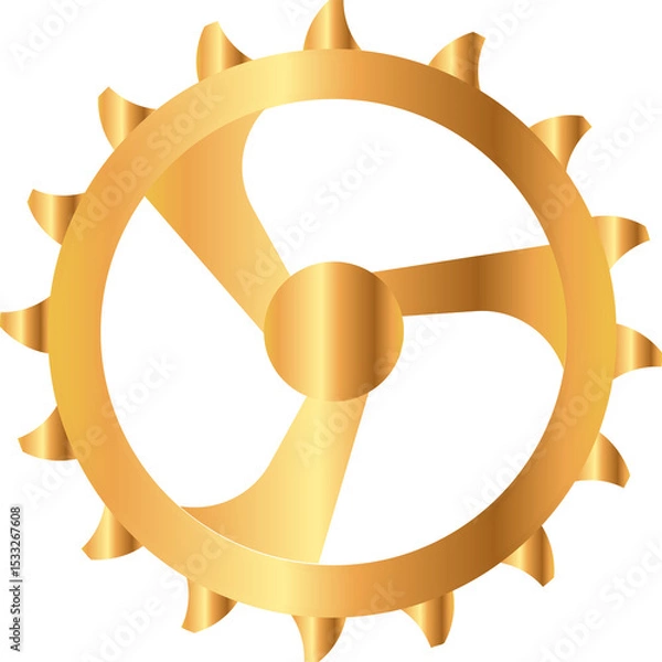 Fototapeta Golden gear with triangular teeth, three spokes is floating on transparent backdrop in 3D render