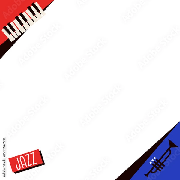 Obraz flat jazz template is showing piano keys, trumpet shape, red JAZZ label, transparent bg, copy space