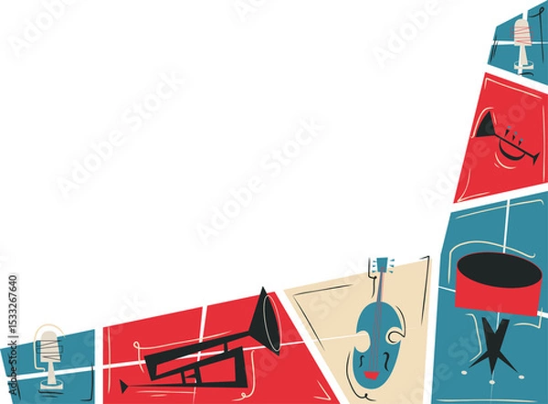 Fototapeta Displaying flat panels showing mic, horn, violin, lamp, speaker and drum on transparent backdrop