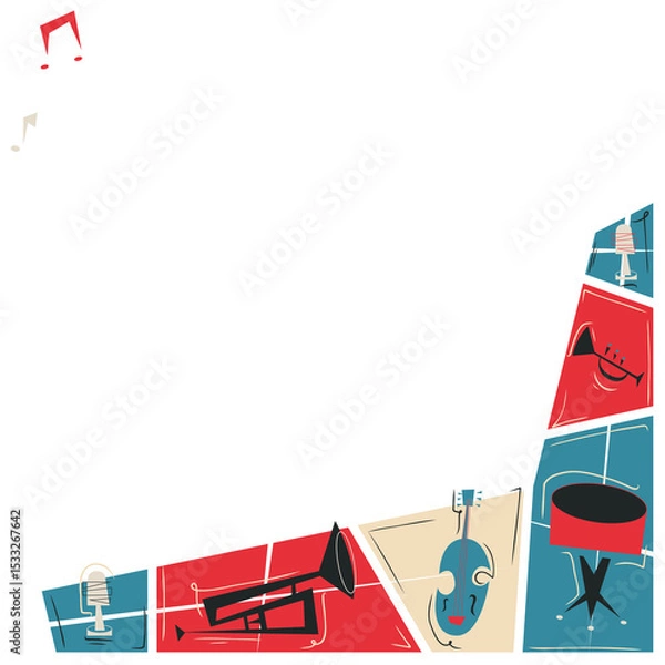 Fototapeta Stylized flat illustration is featuring red blue panels with music icons on transparent background