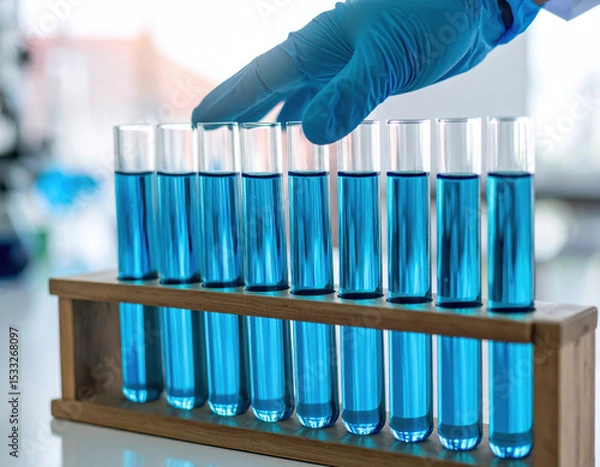 Fototapeta Gloved hand carefully touches row of slender test tubes filled with vibrant blue liquid, showcasing precision and care involved in scientific experimentation