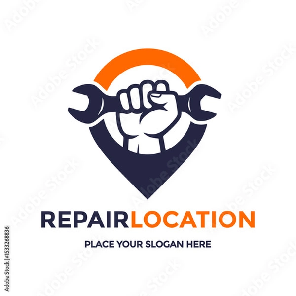 Fototapeta Dynamic logo combines a wrench-holding hand with a map pin, symbolizing convenient repair services and easy-to-find locations. Ideal for automotive shops, home repair, or mobile technical assistance. 
