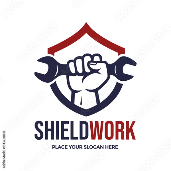 Fototapeta Powerful logo featuring a fist gripping a wrench within a shield, symbolizing strength, protection, and expert workmanship. Ideal for repair services, automotive shops, construction, or security firms