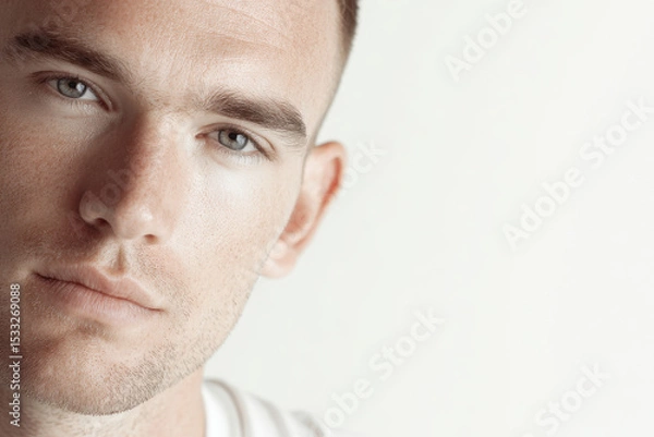 Fototapeta portrait of young man with concentrated expression located in upper right corner of frame