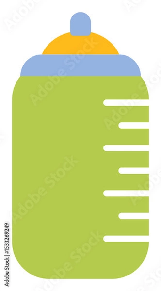 Obraz Flat baby bottle is floating on clear bg showing lime-green white lines blue collar yellow cap