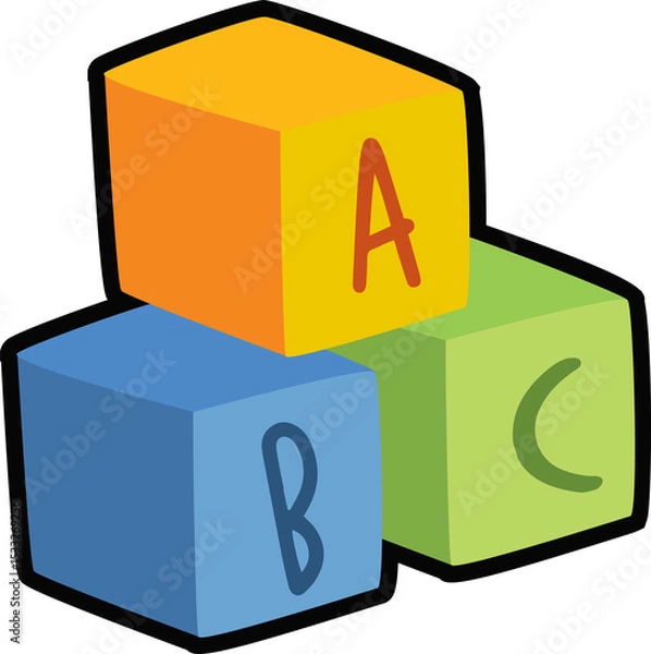 Fototapeta Vector cubes in yellow-orange, blue, light green are stacking pyramid on transparent bg showing ABC