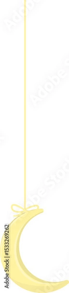 Fototapeta Hanging pale yellow crescent moon by thin string with bow in flat design, transparent background