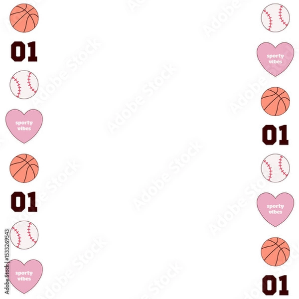 Fototapeta Sports-themed basketball, baseball and heart icons are forming borders on transparent vector canvas