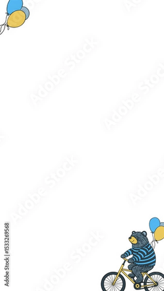 Obraz Vector bear wearing navy sweater riding yellow bike with pastel balloons on transparent background