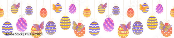 Fototapeta Seamless Easter egg pattern is hanging from white bows on transparent layer with butterflies