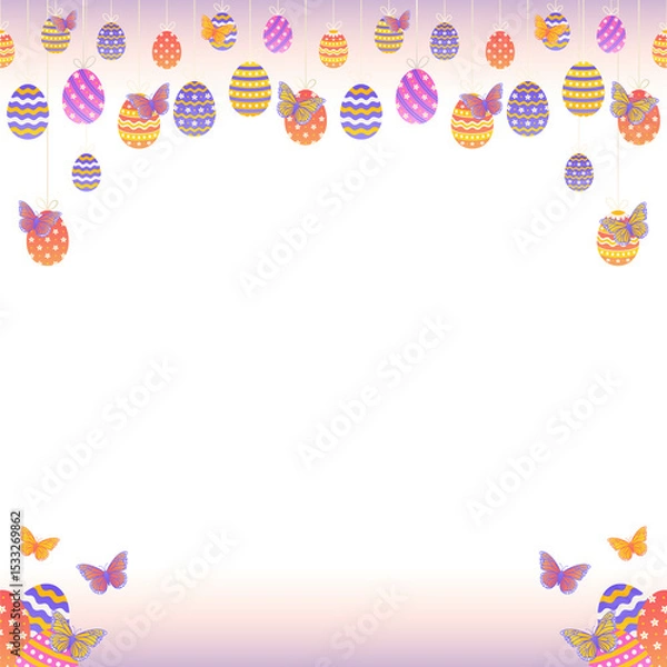 Fototapeta Flat Easter border is showing eggs with bows, butterflies on transparent background, copy space