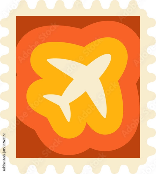 Fototapeta Airplane silhouette is floating in flat stamp border with orange-yellow layers on clear background