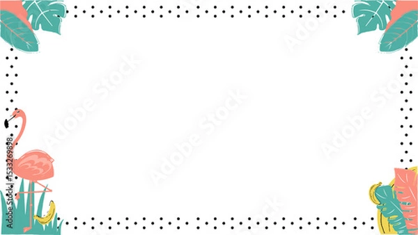 Fototapeta Showing teal coral leaves flamingo bananas in dotted border on transparent background, copy space