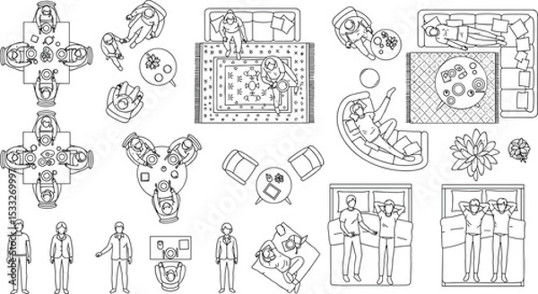 Obraz Architectural Drawings, people plan vector in park out door illustration, top view, Minimal style hand drawn, set elements for architecture and landscape design. Sections, Elevations, Floor Plans.