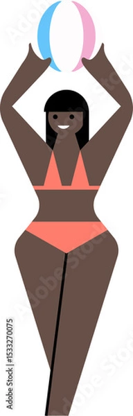 Fototapeta Figure in coral swimsuit is holding striped beach ball overhead, flat design transparent background