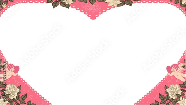 Fototapeta Flat heart frame is showing scalloped edge with beige roses on transparent background, copy space