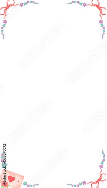 Obraz Flat vector frame is showing ribbons, envelope, pastel blooms on transparent background, copy space