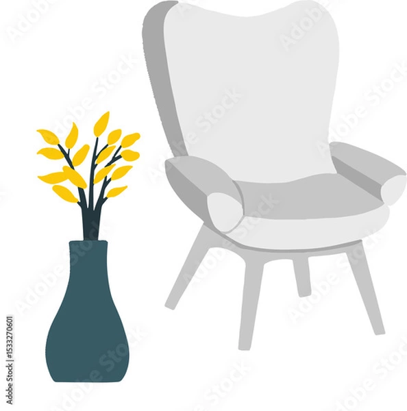 Fototapeta Minimalist flat design is showing lounge chair and vase with yellow foliage on transparent backdrop