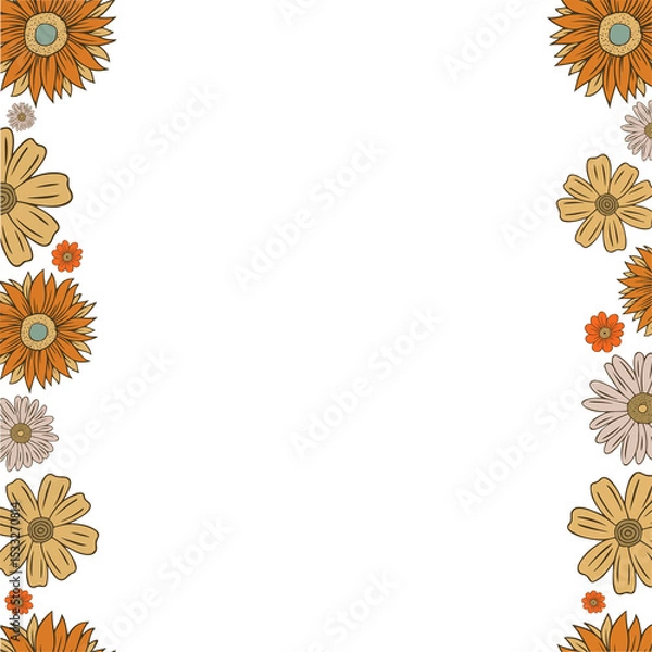 Fototapeta Hand-drawn stylized daisy and sunflower blooms are decorating transparent border strips, copy space