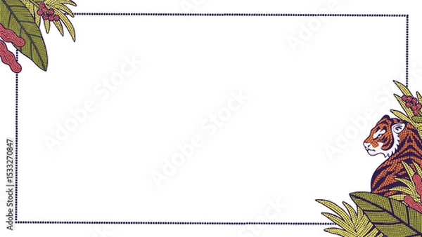 Fototapeta Stylized tiger head is emerging from tropical foliage in flat violet frame, transparent, copy space