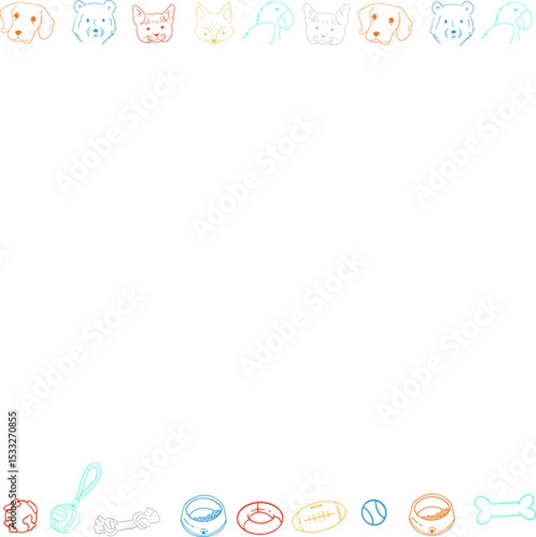 Obraz Colorful line-art pet icons and toys are lining transparent background, copy space