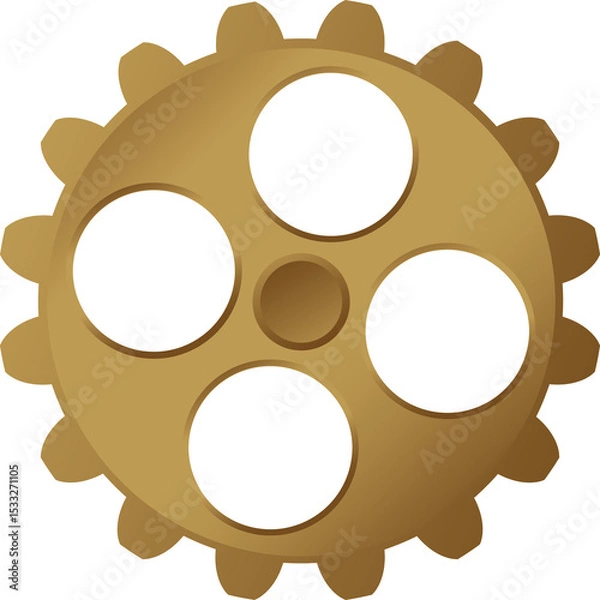 Fototapeta Golden gear wheel shining in 3D, featuring 12 teeth, 4 cutouts, central hub, transparent background
