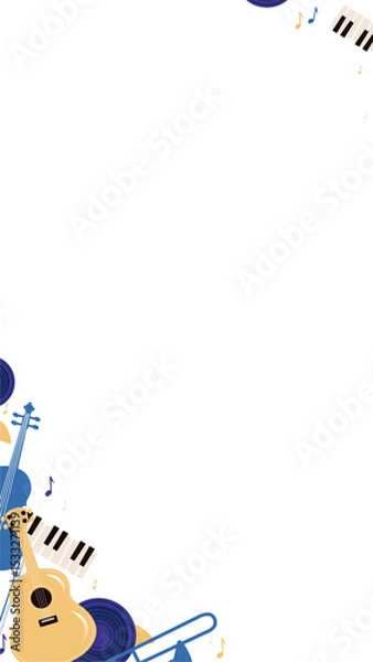 Fototapeta Flat design cluster is showing yellow guitar, blue bass, speakers and notes on transparent canvas