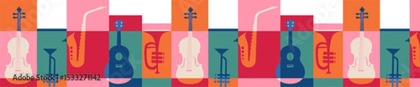 Fototapeta Flat violin, saxophone, trumpet and guitar icons are forming tiled grid on transparent background