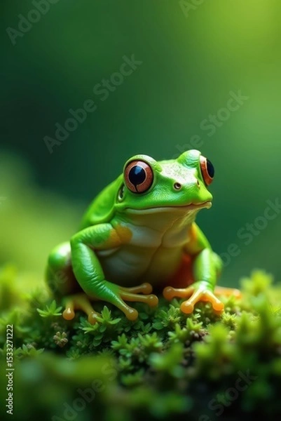 Fototapeta Camouflaged green frog on vibrant green foliage, plant, photography
