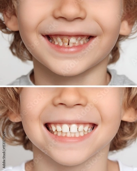 Fototapeta  Before–after of multiple cavities in child’s teeth, then filled and restored.
