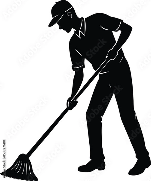 Obraz Silhouette of Man Mopping Floor Vector Illustration