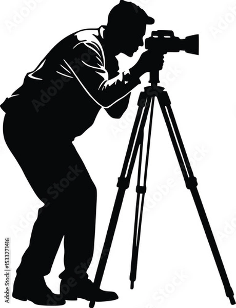 Obraz Silhouette of Male Photographer Using Tripod Camera, Vector Illustration