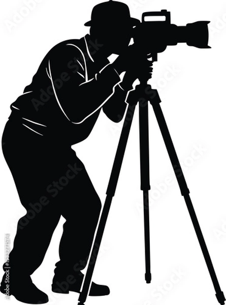 Obraz Silhouette of Photographer Using Tripod Camera, Vector Clipart Illustration