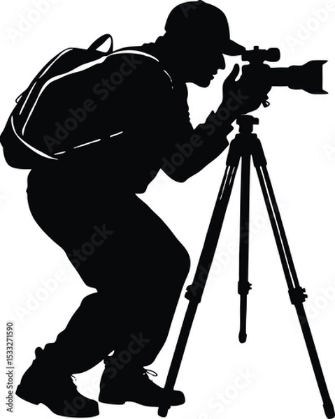 Obraz Silhouette of Male Photographer with Backpack Shooting with Tripod Camera, Vector Art