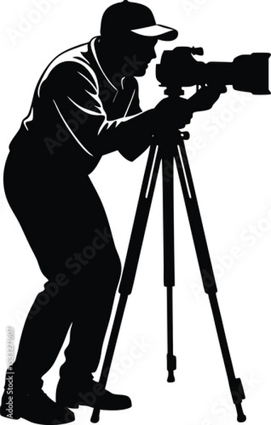 Obraz Silhouette of Man with Camera on Tripod, Photographer Capturing a Shot Vector Illustration