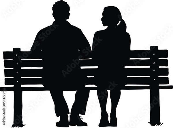 Obraz Silhouette of Man and Woman Sitting on Bench, Relationship, Waiting, or Conversation Concept
