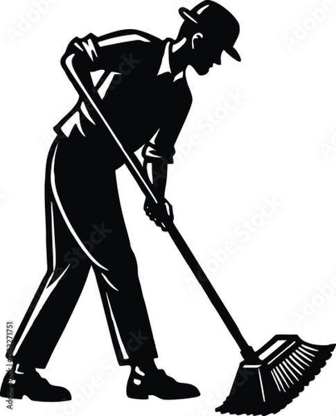 Obraz Silhouette of Man Sweeping Floor with Broom Vector Illustration