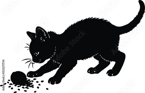 Obraz Silhouette of Curious Kitten Playing with Insect, Vector Illustration