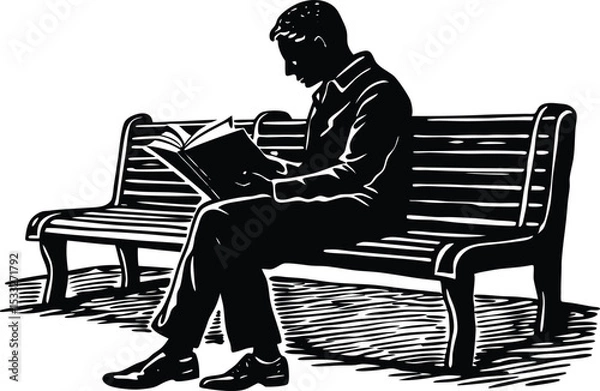 Obraz Silhouette of Man Reading Book on Park Bench, Black and White Vector Illustration