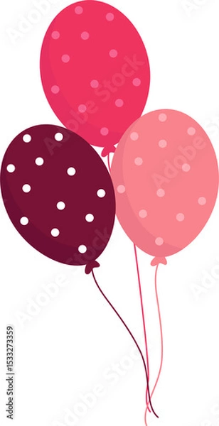 Obraz Three flat burgundy-pink polka dot balloons with strings are floating on transparent background