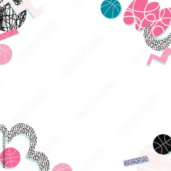 Fototapeta Decorative border is framing transparent space with basketball and Memphis-style shapes, copy space