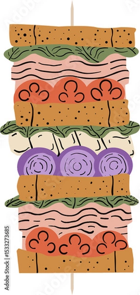 Obraz Wooden skewer is showing flat design with layered sandwich ingredients on transparent background
