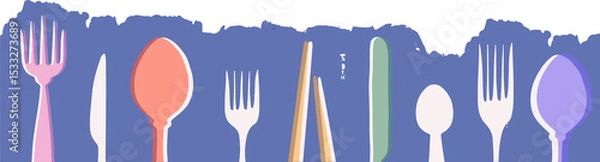 Fototapeta Showing lineup of flat cutlery on transparent background highlighting pink fork coral spoon